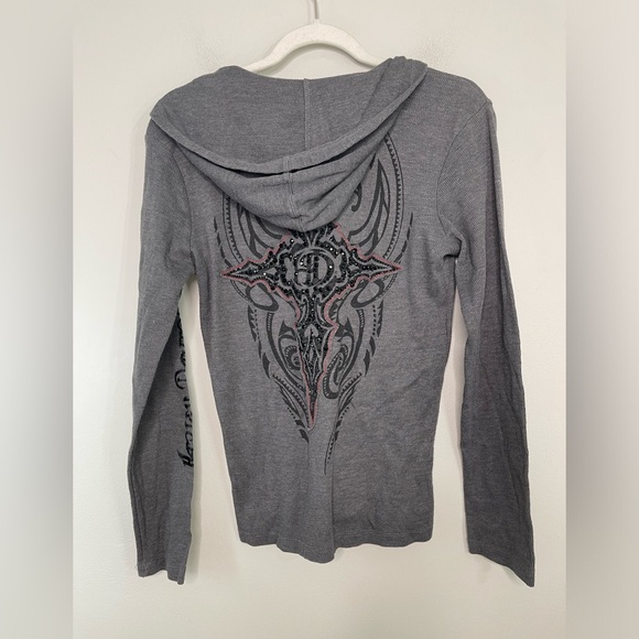 Vintage Harley Davison Y2K Fitted grunge Hooded Henley Top Sz M Gem Stone Snap - Picture 5 of 6